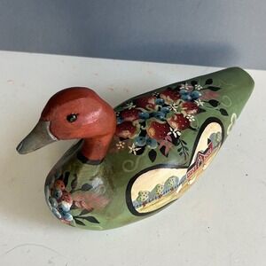 Hand Painted Wooden Duck Decoy J Zimnoch VTG Folk Farm Floral Country Primitive